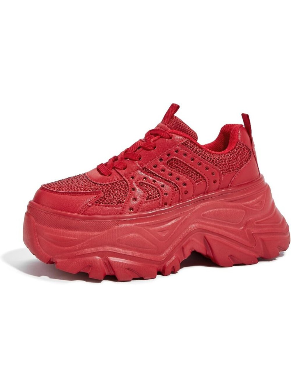Women's Red Rhinestone Breathable Chunky Lightweight Running Fashion Sneakers